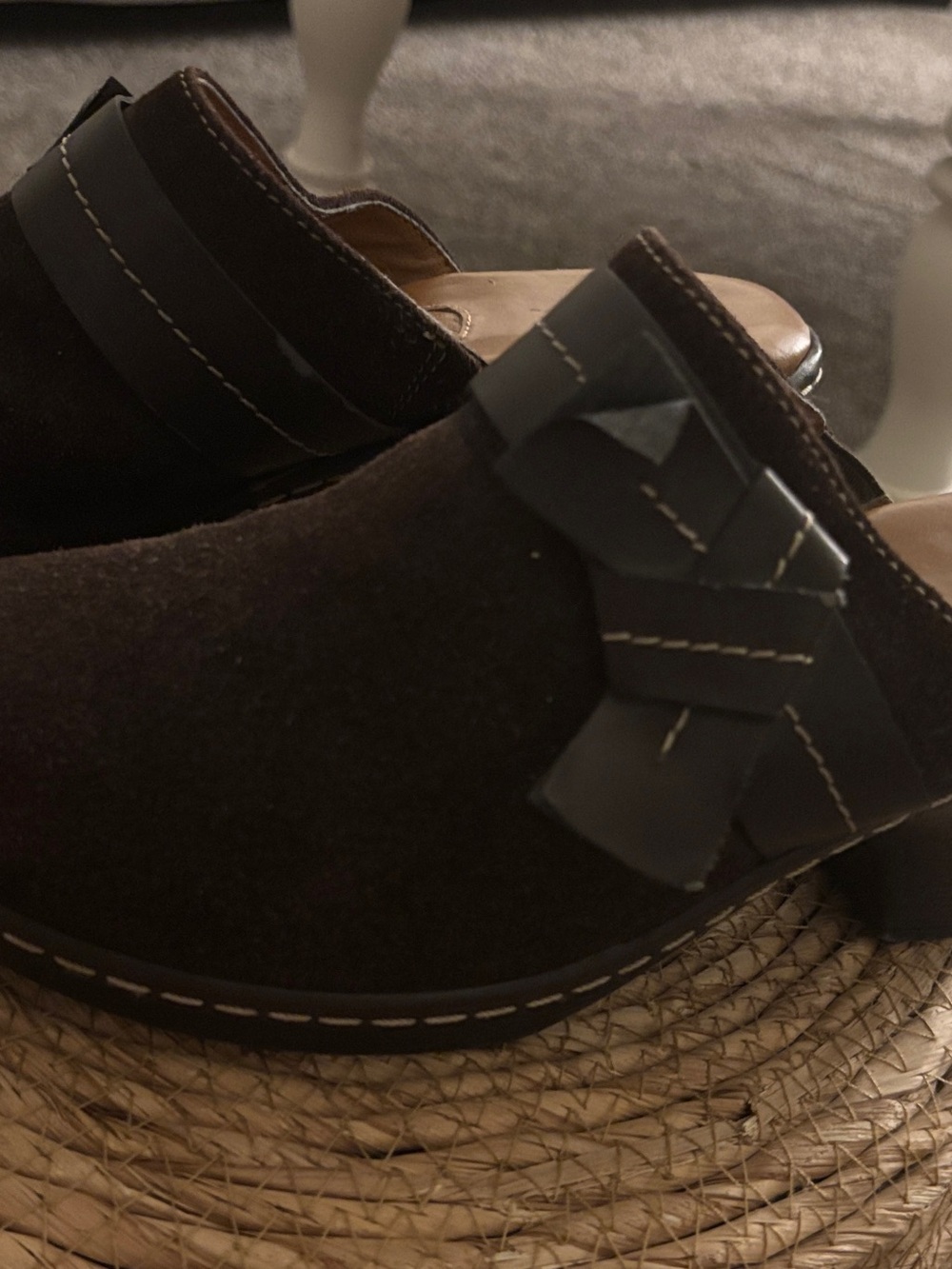 Women’s Dark Brown Suede Slip-On Clogs with Bow Accent
